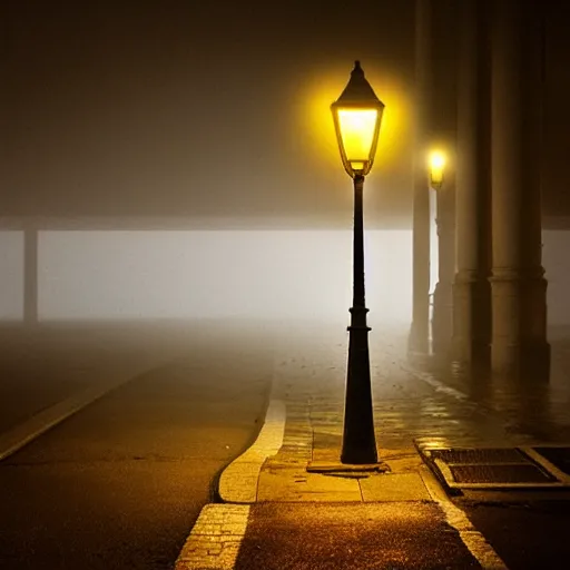 Image similar to lonely duck under a street light, foggy, beautiful lighting, high detail, by august friedrich schenck