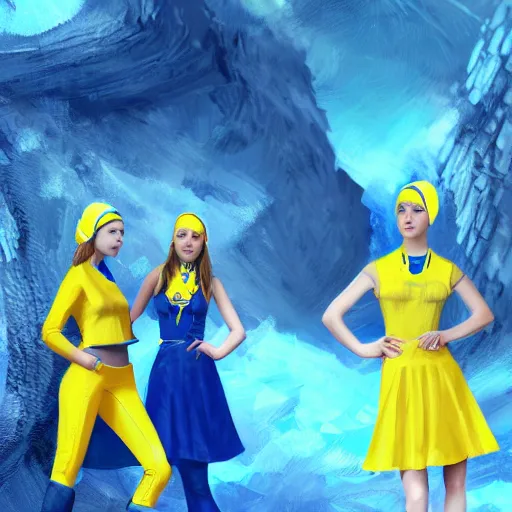 Prompt: group of ukrainian girls with blue and yellow clothes near big ruined burget, concept art, trending on artstation, highly detailed, intricate, sharp focus, digital art, 8 k