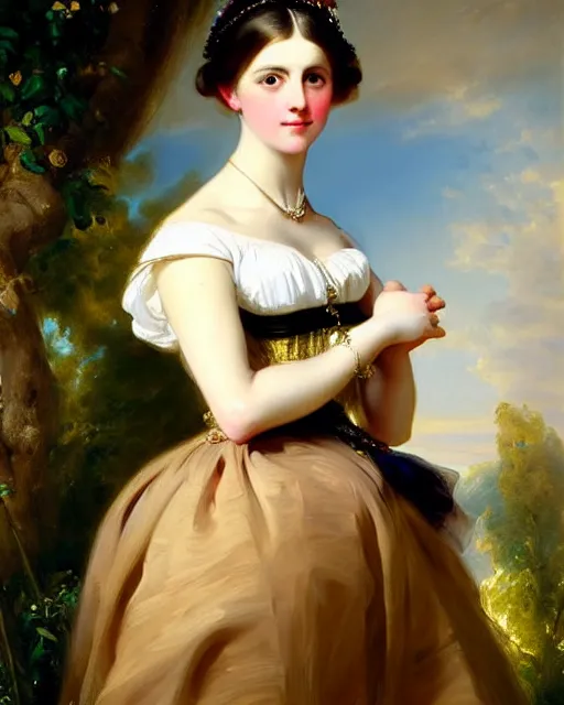 Image similar to beautiful painting of a young german princess with short hair by franz xaver winterhalter, full body painting, oil on canvas, romanticism, intricate details, highly detailed, 1 8 4 0 s style painitngs