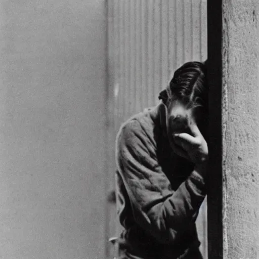 Prompt: 1930s close-up of an utterly terrified young man on the verge of panic tears with long hair cornered with his back against a wall. He looks utterly panicked and distressed and is trying to protect himself from an assailant. Looking straight at camera