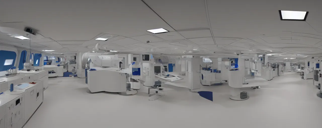 Prompt: Film still of a brightly lit white science lab on a space ship, carpeted floor, medical bay from Star Trek Next Generation, neutral lighting, Cinestill colour cinematography, anamorphic