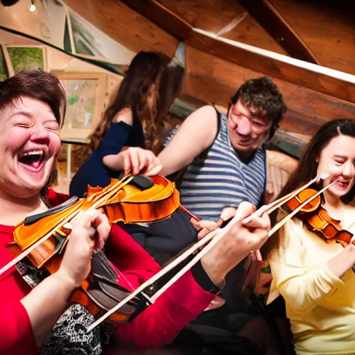 Image similar to laughing drunk people eating spaghetti and playing violins. highly detailed flash photography. fisheye lens