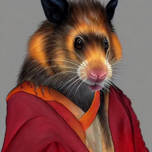 Prompt: a portrait of a human-rat mutant hybrid mutant with brown fur wearing a red kimono, painting, realistic, digital art