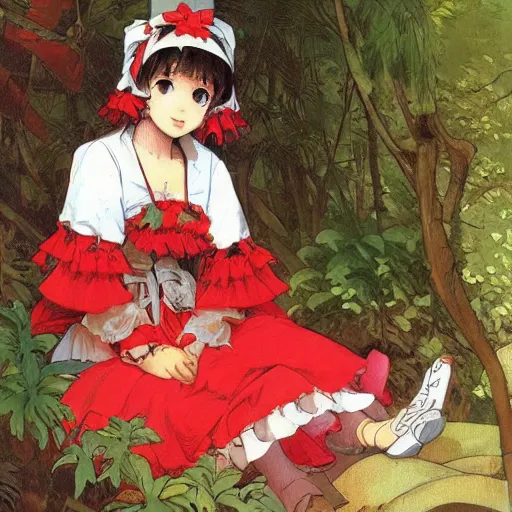 Prompt: a mucha alphonse of reimu in the jungle wearing bonnet