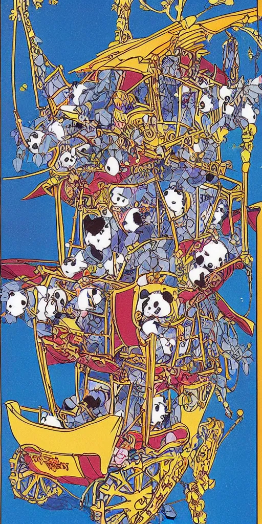 Prompt: a chariot drawn by pandas in japan, 1990s anime, full color, tarot card the chariot,