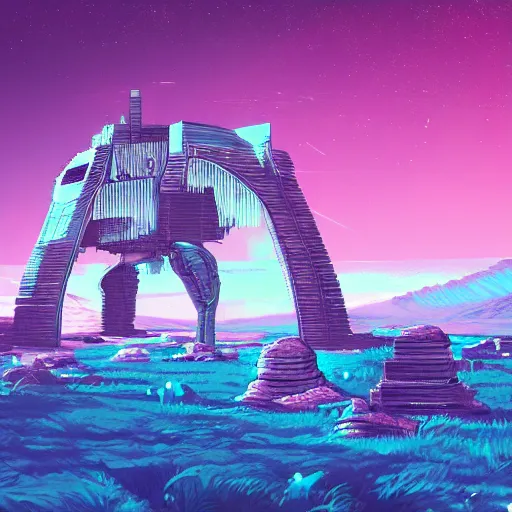 Prompt: ancient structures in the moon, retrowave epic art, trending on art station