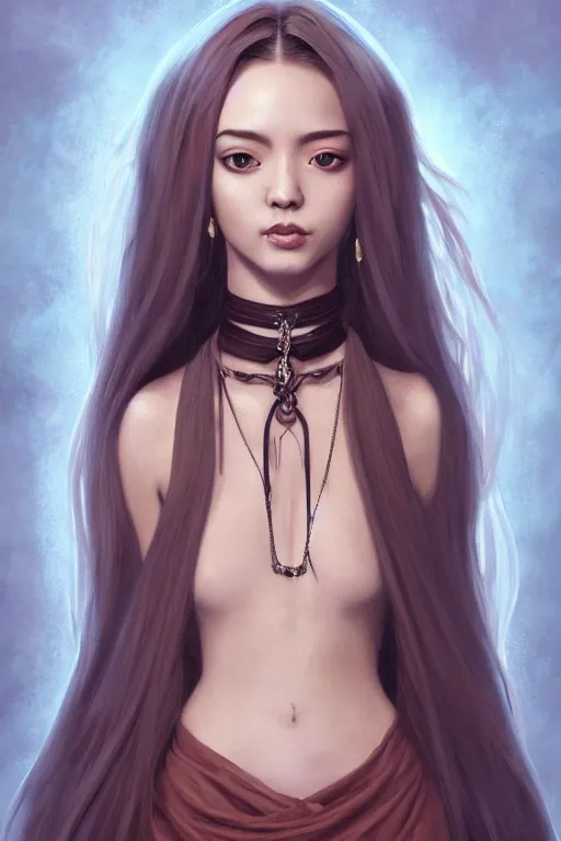 Image similar to a full body portrait of a gorgeous female monk, D&D, choker on neck, face visible, stylish dress, very long flowing hair, intricate, elegant, stylish, cute slightly nerdy smile, mouth slightly open, fantasy, highly detailed, digital painting, artstation, concept art, smooth, sharp focus, illustration, art by artgerm and greg rutkowski and alphonse mucha