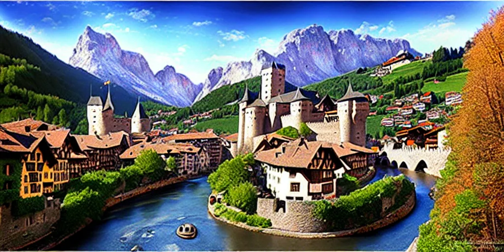 Image similar to view of medieval walled city nestled in a mountain with small river flowing through center, large castle high up in a mountain peak in the background, alpine architecture, half - timbered, tudor style houses, chalet, soft colors, cozy, very beautiful, intricate, majestic, concept art, artgerm, james gurney, trending on art station