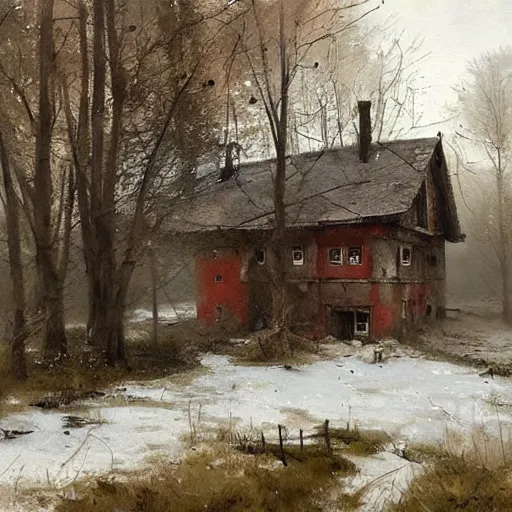 Image similar to painting by jakub rozalski of abandoned village