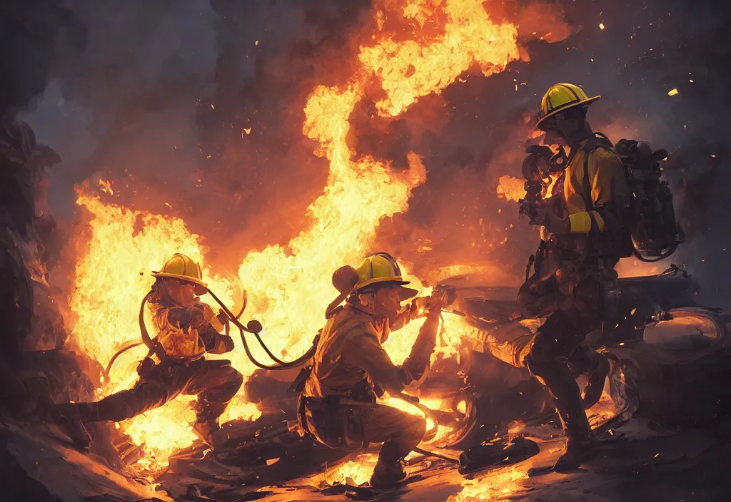 Image similar to heroic firefighter in action in black and yellow uniform, fire flames, sharp details, sharp focus, elegant, highly detailed, illustration, by jordan grimmer and greg rutkowski and pine ( ハイネ ) and 薯 子 imoko and 香 川 悠 作 and wlop and maya takamura, intricate