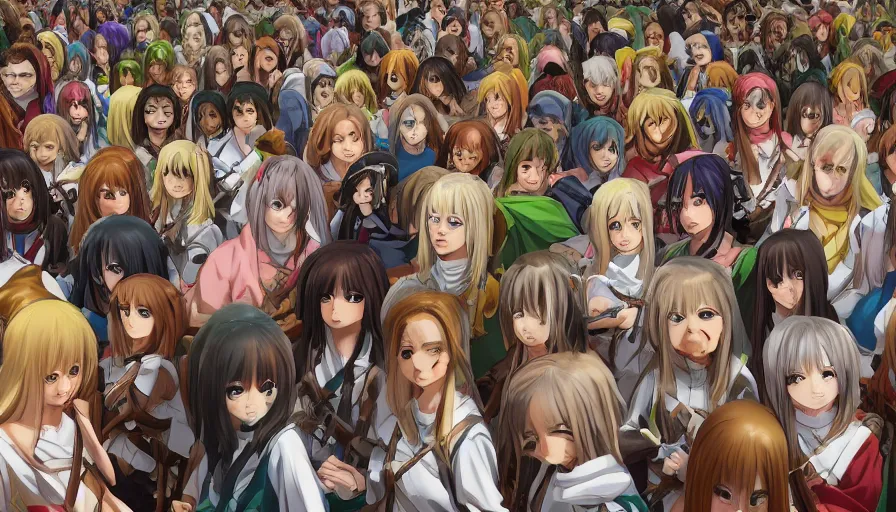 Image similar to jesus christ our lord standing in the front leading an army of cute anime girls into battle, photorealistic, anime, realistic faces, mini skirt, long hair, lightly dressed, renaissance painting, hyper real, detailed, closeup shot, ultra detailed