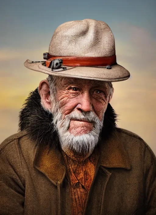 Image similar to realistic renderings portrait of very old fisher man portrait with a hat, port scene background, astonishing scenes, detailed, photorealism, volumetric lighting, autumn lights colors