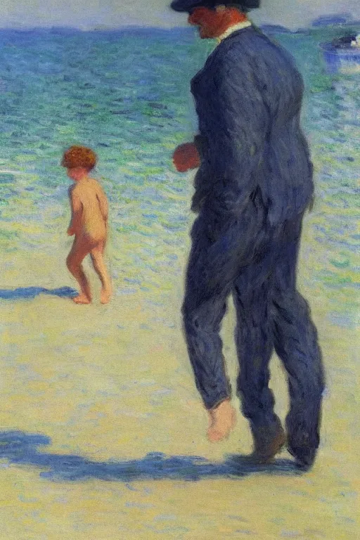 Image similar to a man walking with his child over his shoulders near the beach, anatomically correct, painting by monet, masterpiece