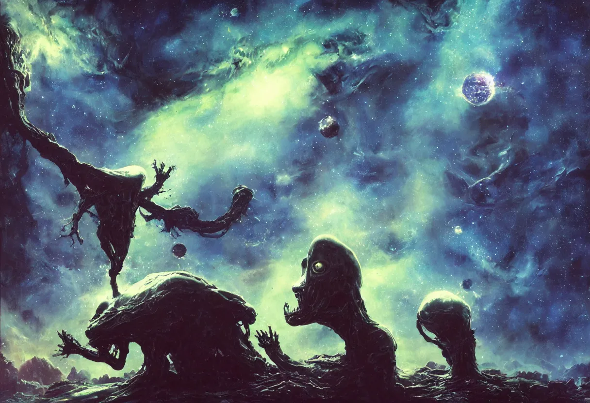 Prompt: creepy alien creature rotting in outer space, full of ooze and slime, colorfully ominous galaxy in background, minimalism, hyper realism, matte painting, realistic, dramatic lighting, octane render, highly detailed, cinematic lighting, cinematic, volumetric, by rutkowsky and gerald brom and frazetta and rembrandt