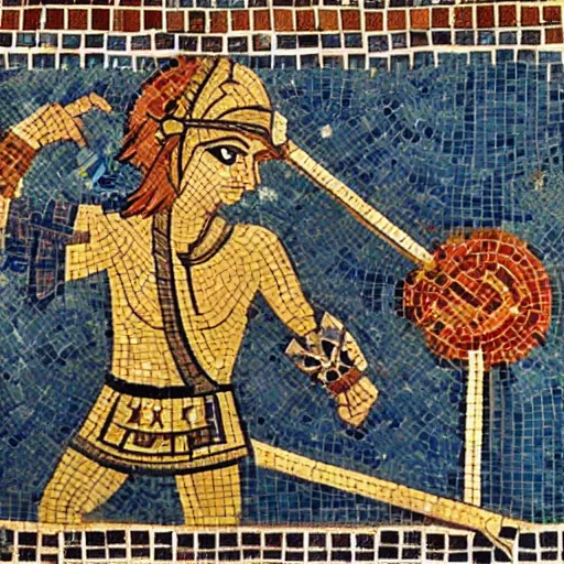 Image similar to ancient greek mosaic of link from zelda with raised sword