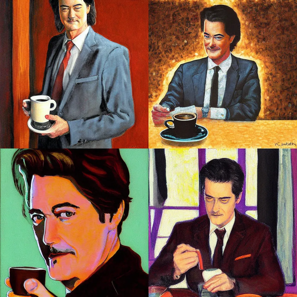 Prompt: painting Kyle MacLachlan Twin Peaks drink coffee by Hans Baluschek