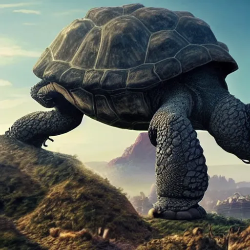 Prompt: giant tortoise towering over a harsh barren sandy wasteland with a large fantasy castle rising from the top, distant shot angled slightly down, fantasy, hyper detailed, 4 k, howls moving castle, mortal engines, kaiju,