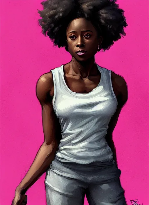 Prompt: 3/4 portrait of Kirby Howell-Baptiste wearing a modern black tank top, art nouveau, D&D, fantasy, elegant, highly detailed, digital painting, artstation, concept art, matte, sharp focus, illustration, art by Artgerm and Greg Rutkowski and WLOP