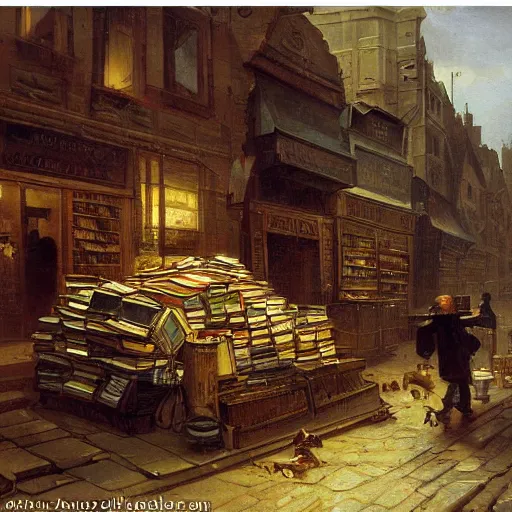 Prompt: painting of a scifi ancient civilzation victorian book store with pile of books on the street, andreas achenbach