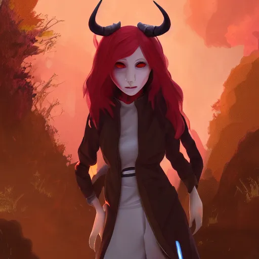 Image similar to a pale redheaded demoness with yellow eyes and horns wearing a jacket, galaxy background, highly detailed, digital painting, artstation, matte, by makoto shinkai, animation style, studio ghibli