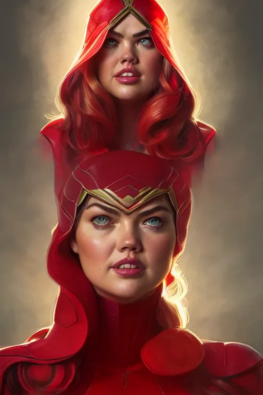 Image similar to kate upton as scarlet witch, realistic portrait, symmetrical, highly detailed, digital painting, artstation, concept art, smooth, sharp focus, illustration, cinematic lighting, art by artgerm and greg rutkowski and alphonse mucha