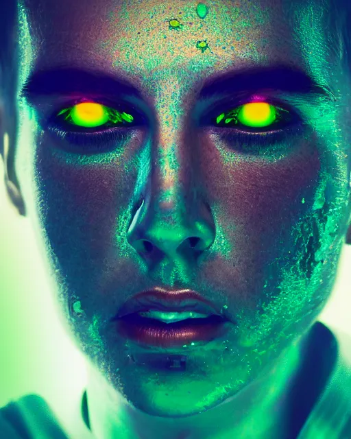 Image similar to dramatic cyberpunk portrait of a metallic featureless face, crystalline, red glow, green glow, blue glow, atmospheric haze, intense shading, chromatic aberration, glitch, backlit, bokeh, centered