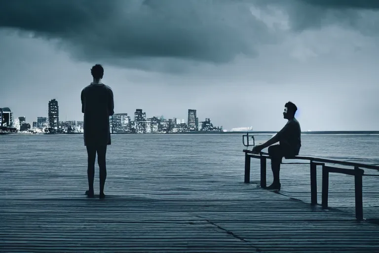 Prompt: A man sitting on a jetty, city in the background, cinematic lighting