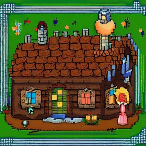 Image similar to Hansel and Gretel meet the witch at the gingerbread house, pixel art, artstation