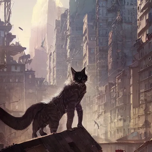 Image similar to gigantic cat walking on apocalyptic city, very detailed fine art, trend of artistation, style of kadinskyi and repin and greg rutkowski and ilia kuvshinov