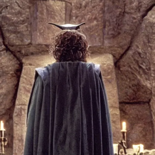 Image similar to still of frodo baggins looking up wearing the sorting hat, in harry potter and the philosopher's stone ( 2 0 0 1 )