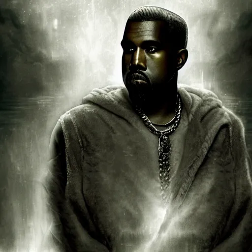 Image similar to Portrait of Kanye West as the god-emperor of mankind, amazing splashscreen artwork, splash art, natural light, elegant, intricate, fantasy, atmospheric lighting, cinematic, matte painting