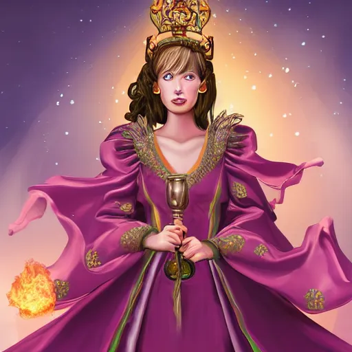 Prompt: portrait of a girl fantasy alchemist, dressed in a rich robe, wearing a tiara and holding a fireball in one hand, digital art, detailed,