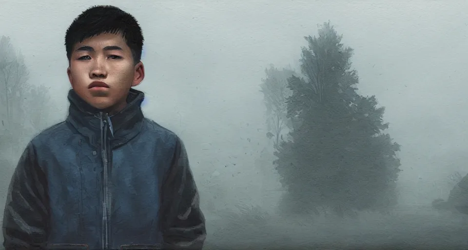 Prompt: teenage, boy, half asian, cute, portrait, close-up, industrial background, autumn, rainy, foggy, utopian looking, 80s, moody, drawn, artwork by Simon Stalenhag