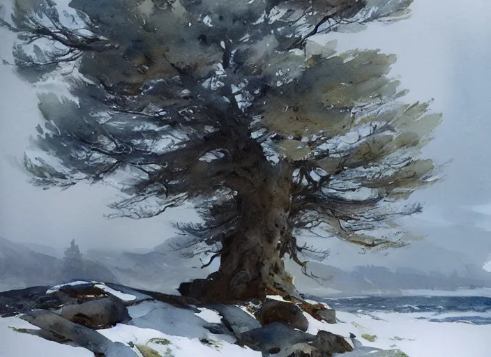 Prompt: watercolor painting of oak tree, rocky shore, in cold snowy winter, rustic stone cabin in horizon, very very very beautiful, art by anders zorn, wonderful masterpiece by greg rutkowski, cinematic light, american romanticism by greg manchess, creation by tyler edlin