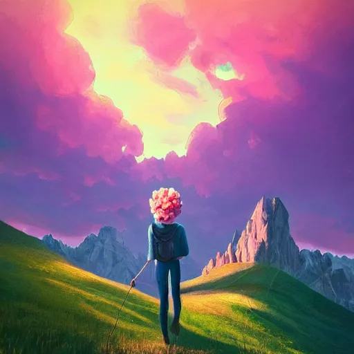 Image similar to giant carnation flower as a head, girl hiking in the dolomites, surreal photography, sunrise, dramatic light, impressionist painting, colorful clouds, digital painting, artstation, simon stalenhag