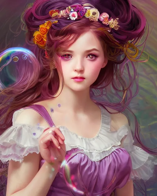 Image similar to portrait of magical lolita girl, dreamy and ethereal, expressive pose, big gold eyes, exciting expression, fantasy, intricate, elegant, many rainbow bubbles, rose tones, highly detailed, digital painting, artstation, concept art, cyberpunk wearing, smooth, sharp focus, illustration, art by artgerm and greg rutkowskiand alphonse mucha