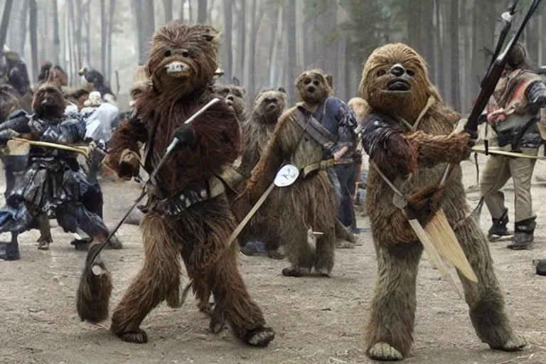 Prompt: ewoks rioting in front of a large stone government building!!!, flaming torches and pitchforks news report film