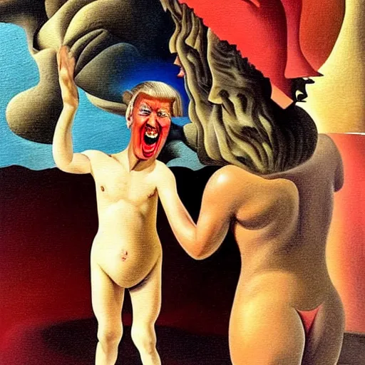 Prompt: tiny person is laughing and pointing at donald trump in a swimsuit.. painting by salvador dali.