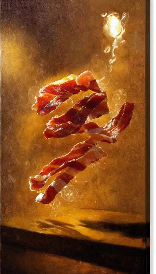 Prompt: painting of bacon sizzling, by Peder Krøyer, dramatic lighting, volumetric lighting, bubbles, golden hour, epic, intricate detail, canvas print