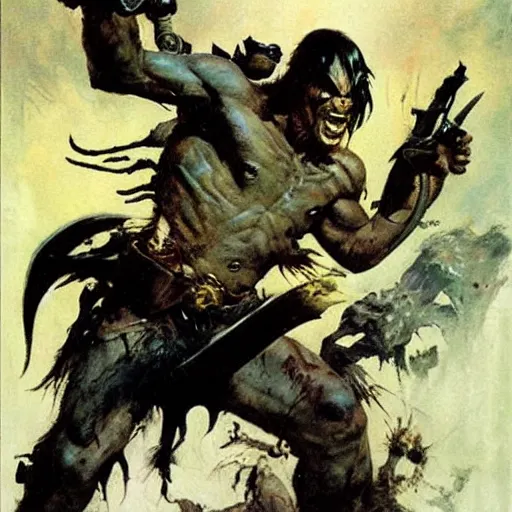 Prompt: turok cover art by frank frazetta