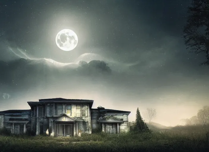 Image similar to realistic alien structured house on a dark land, full moon, ultra detailed, fantasy, hyper realism, art, smooth, beautiful art, masterpiece, landscape, cinematic, wet reflections, ray tracing x, rtx, smooth