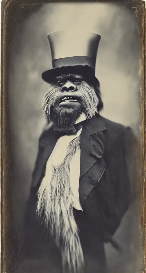 Image similar to a vintage wet plate portrait of a dignified bigfoot with a top hat and cane, extremely detailed