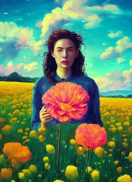 Image similar to portrait of a woman, face made of giant carnation, flower field, surreal photography, sunset dramatic light, impressionist painting, colorful clouds, large sky, digital painting, artstation, simon stalenhag