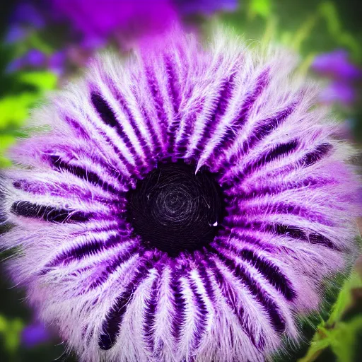 Prompt: photo of a fuzzy, black and purple flower