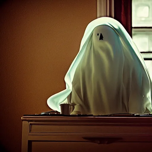 Prompt: a spooky ghost leaving ectoplasm all over the family computer