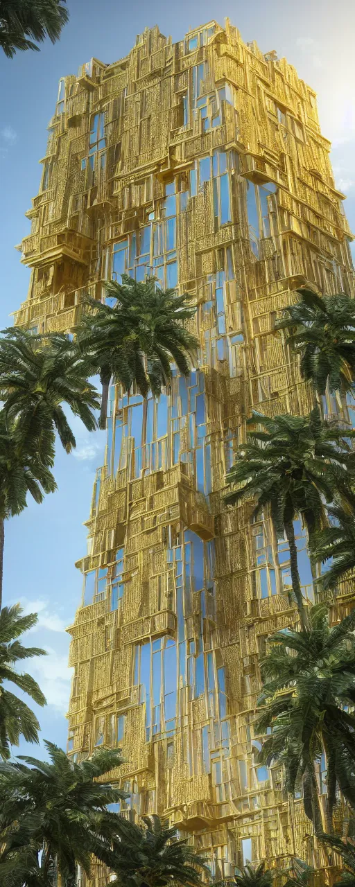 Prompt: epic eye level view of a contemporary tower, golden intricate details, golden facade, sacred architecture, hanging gardens, cascading highrise, arid mountains with lush palm forest, photorealistic, sunlight, 8 k, post - production, octane, cgi, sfx