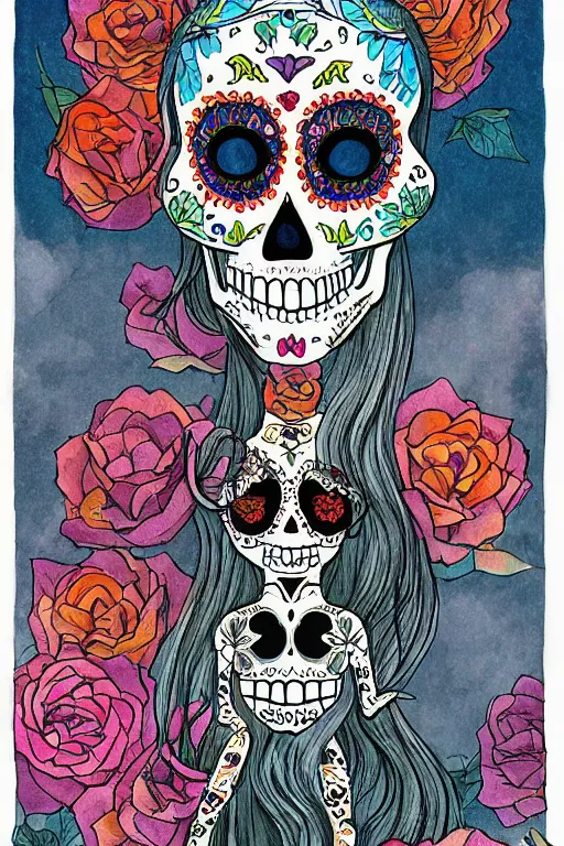 Prompt: Illustration of a sugar skull day of the dead girl, art by david wiesner
