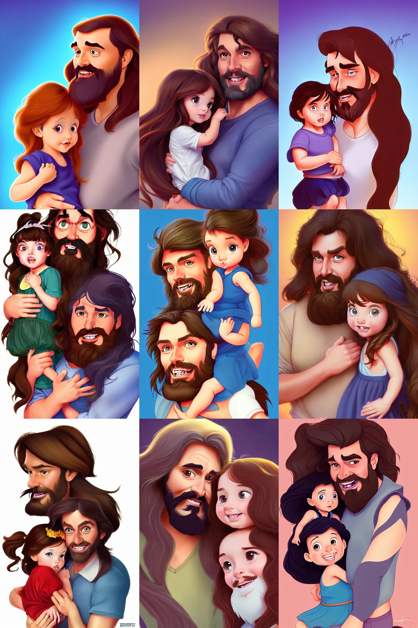 Image similar to a long - haired bearded father and his brunette child toddler girl full color digital illustration in the style of don bluth, artgerm, artstation trending, 4 k