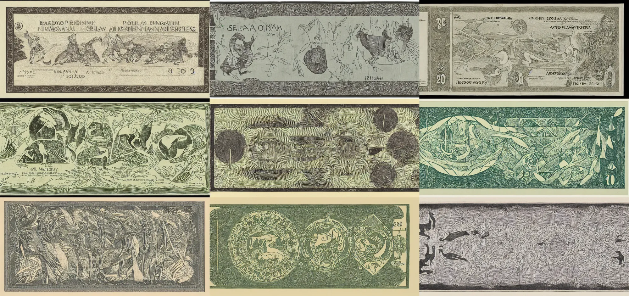 Prompt: a espiritual design of a Selknam money bill with the numeral value of 20, with aboriginal design and illustrations of Patagonian animals and vegetation by bauhaus , Elegant clean design, with well-defined edges and lines, clear figures, ink, sharp contrast, symetrical, whole bill framed, scanned 2400 dpi