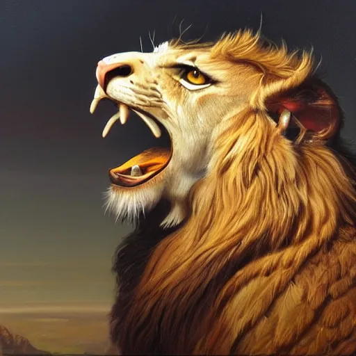 Prompt: a realistic oil painting portrait of a winged lion with an eagle head, highly detailed, trending on artstation, by james gurney and michael whelan